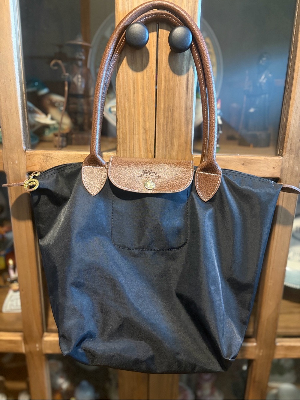 Longchamp Black Nylon Tote with Brown Leather Trim
